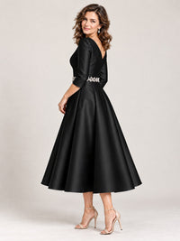 V-Neck Tea-Length Mother of the Bride Dress with Embellished Waist