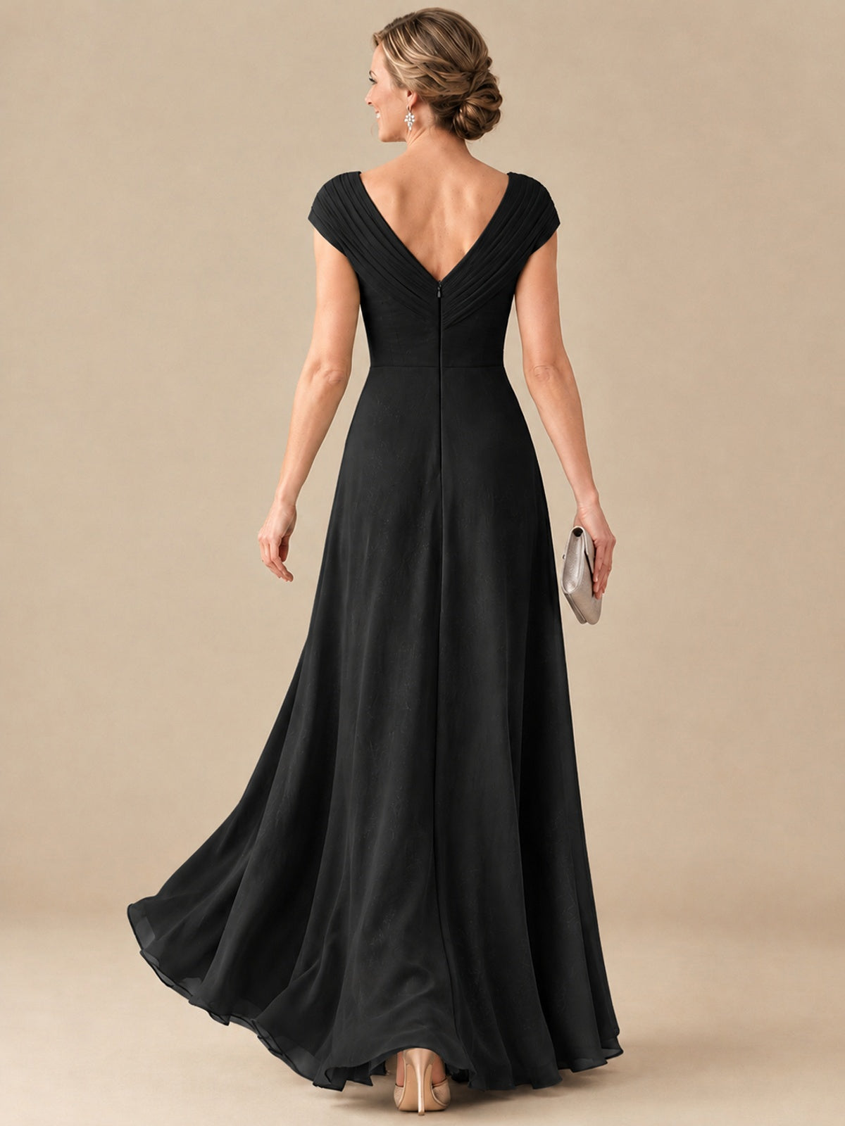 Pleated Chiffon Lace Mother of The Bride Dresses with Beading Cap Sleeves