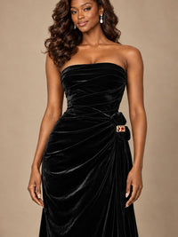 Burgundy Velvet Strapless Ruched Prom Dress with Jeweled Side Drape
