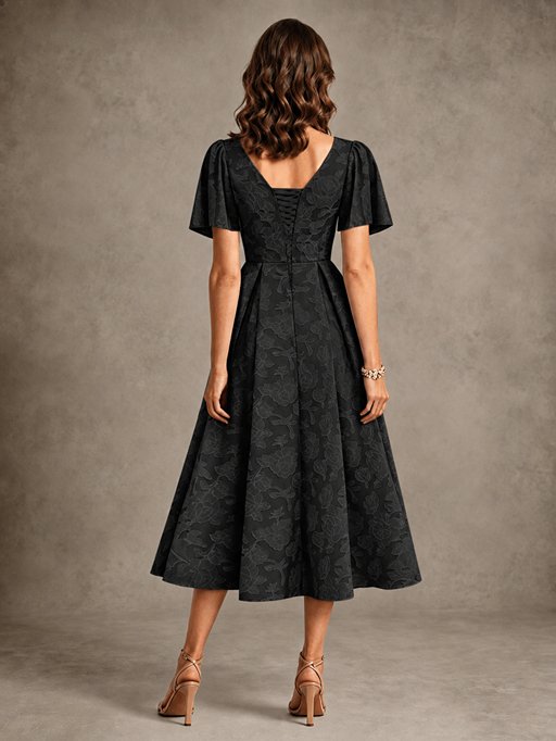 V-Neck Floral Jacquard Tea-Length Mother of the Bride Dress