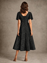 V-Neck Floral Jacquard Tea-Length Mother of the Bride Dress