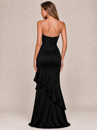 Strapless Lace Appliques Corset Satin Prom Dress Ruffle Slit Evening Gown