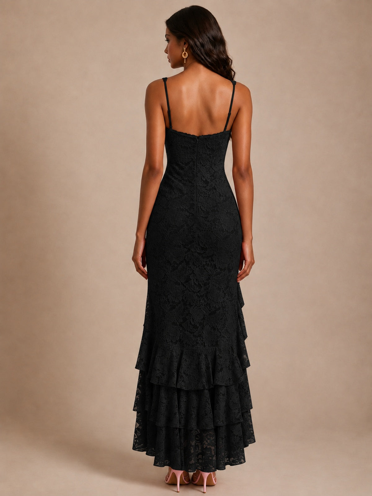 Square-Neck Lace Ruffle High-Low Maxi Dress