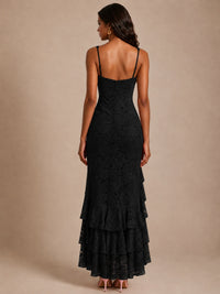 Square-Neck Lace Ruffle High-Low Maxi Dress