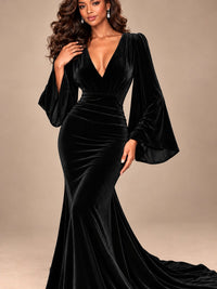 Burgundy Velvet Deep V-Neck Ruched Long Sleeve Maxi Dress