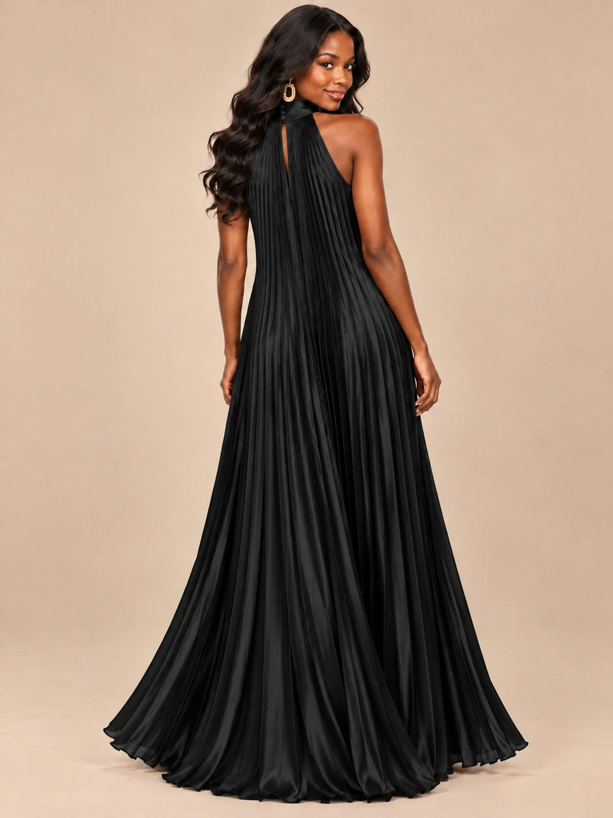 Rust Orange Pleated Halter Neck Maxi Dress