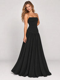 Butter Yellow Ruched Spaghetti Strap Drop-Waist Prom Dress