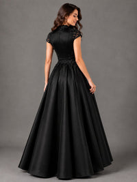 Lace Appliqué A-Line Satin Maxi Dress