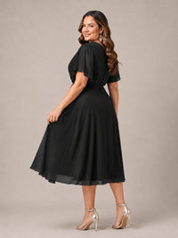 Navy Blue A-Line V-Neck Tea-Length Mother of the Bride Dress