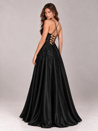 Lace Applique Satin A-Line Prom Dress with Sheer Bodice