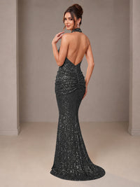 Gold Halter Sequin Mermaid Ruched Prom Dress Long Ruched Evening Gown