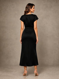 Cowl Neck Satin Mother of the Bride Dress with Ruched Waist