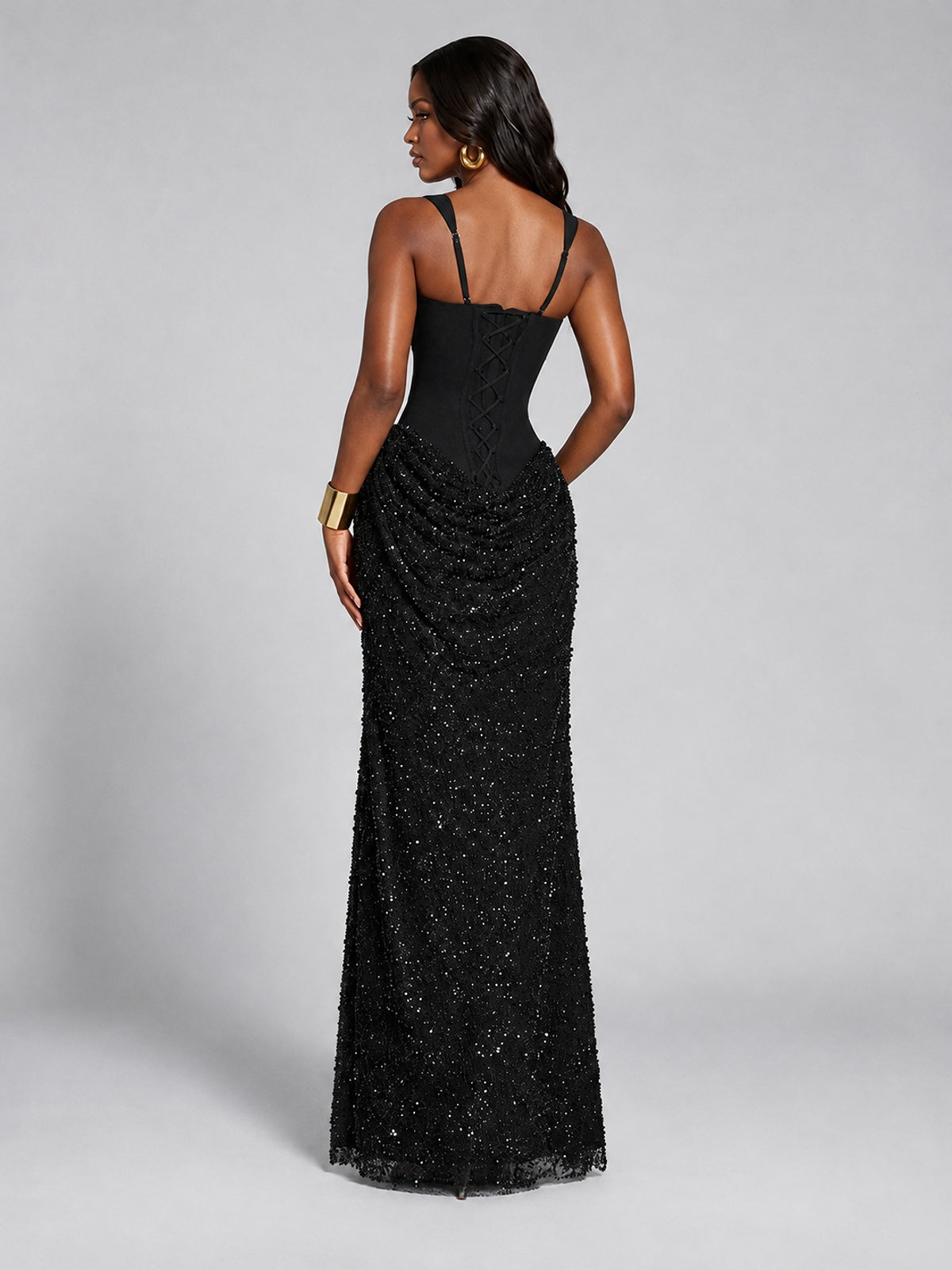 Sequin Corset Mermaid Prom Dress with Square Neck Wide Strap High Slit
