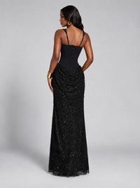 Sequin Corset Mermaid Prom Dress with Square Neck Wide Strap High Slit