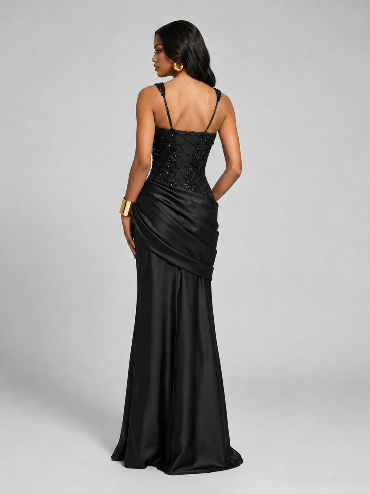 Scoop Neck Sequin Prom Dress with High Slit Satin Formal Gowns