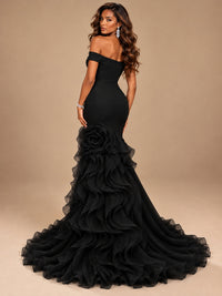 Dusty Blue Off-the-Shoulder Mermaid Prom Dress with 3D Rose & Ruffles
