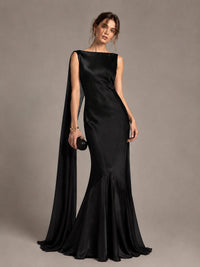 Burgundy Satin Mermaid Cape Maxi Dress