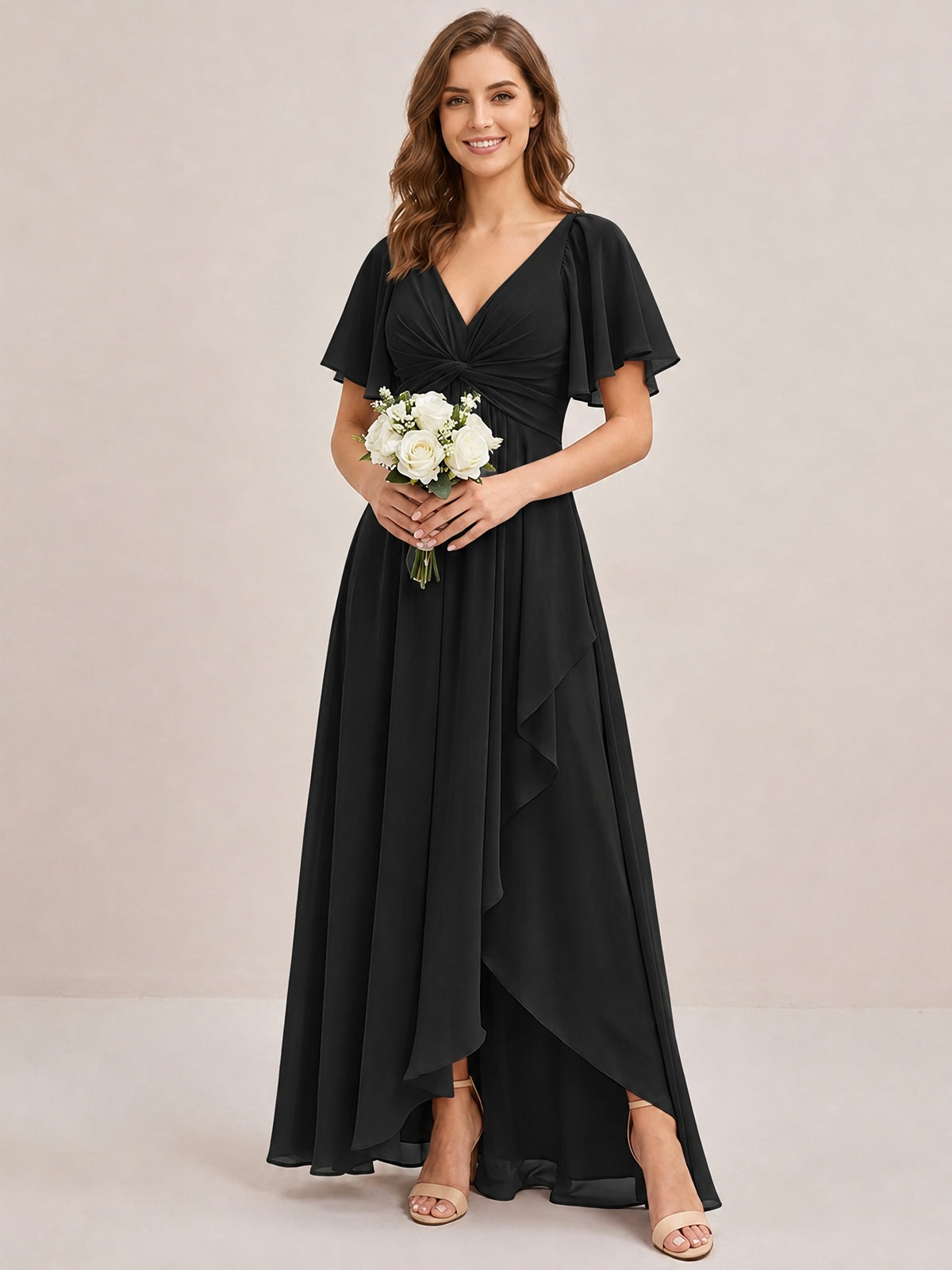 Dusty Blue Chiffon Bridesmaid Dress with Flutter Sleeves & High-Low Hem