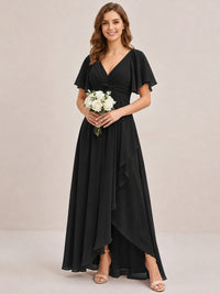 Dusty Blue Chiffon Bridesmaid Dress with Flutter Sleeves & High-Low Hem