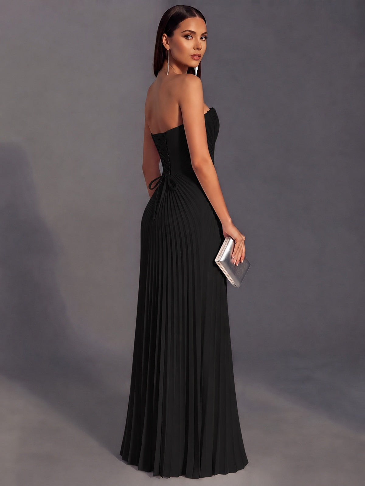 Strapless A-line Long Pleated Satin Prom Dress
