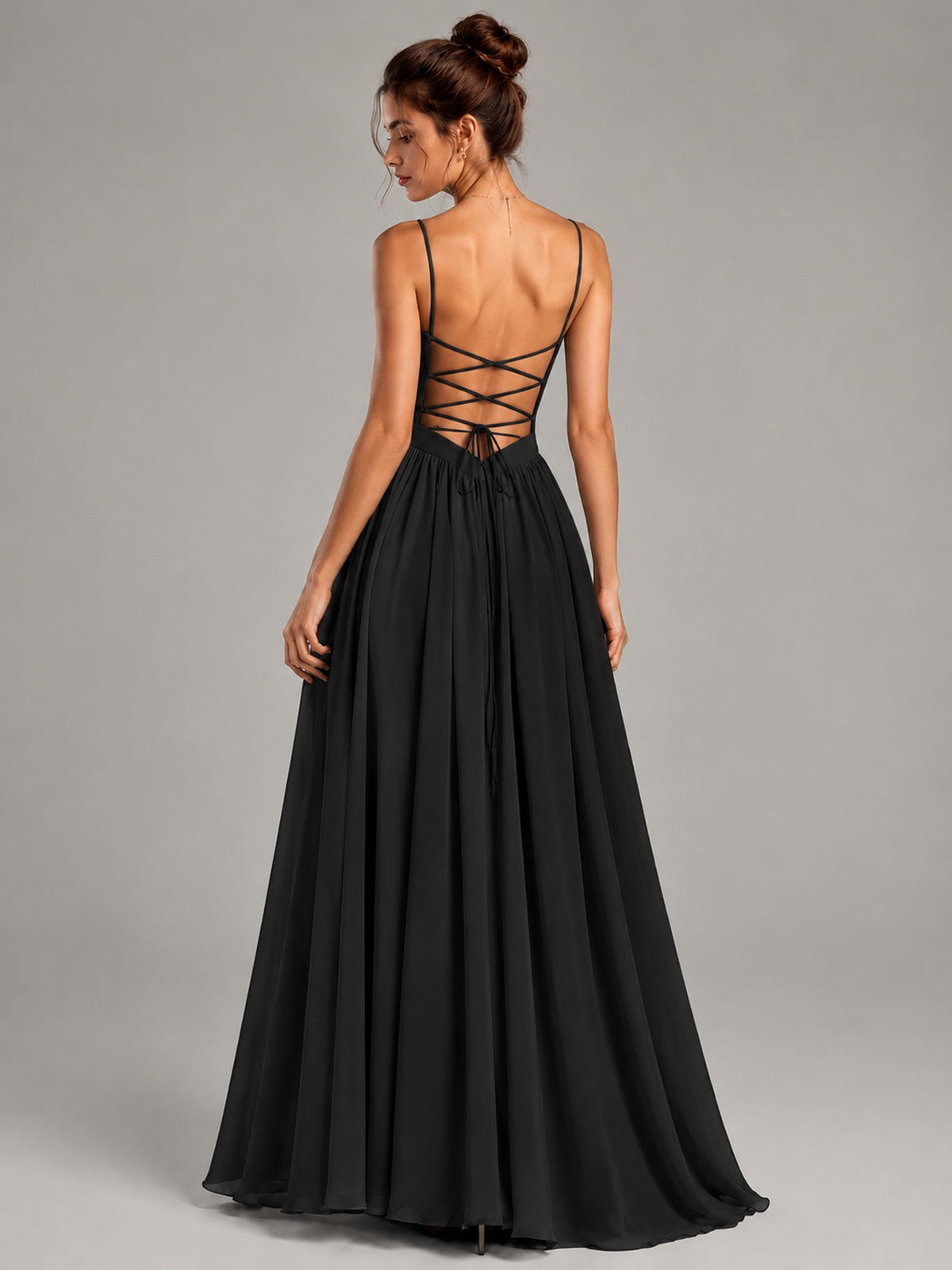 Spaghetti Strap Ruched Chiffon Maxi Dress with Backless