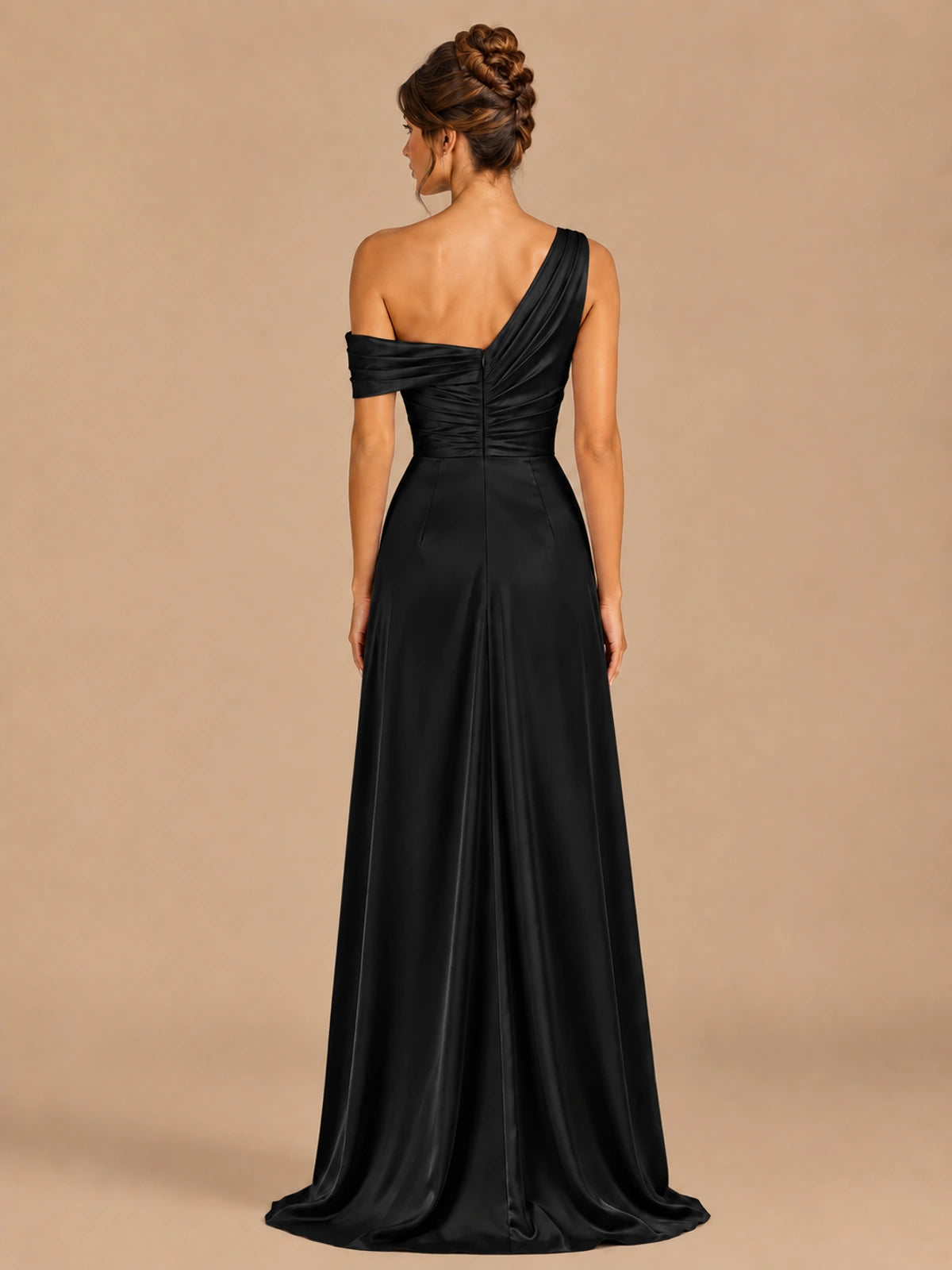 Satin One Shoulder Prom Dress Ruched Long Formal Evening Gown