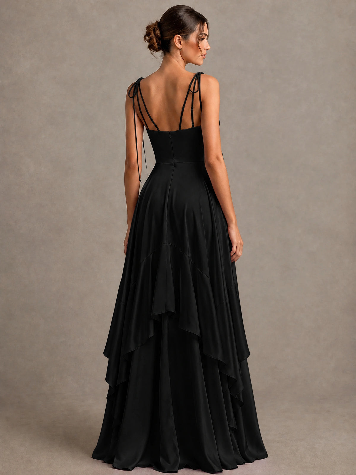 Lavender Satin V-Neck Ruffle Maxi Dress