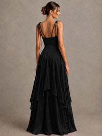 Lavender Satin V-Neck Ruffle Maxi Dress