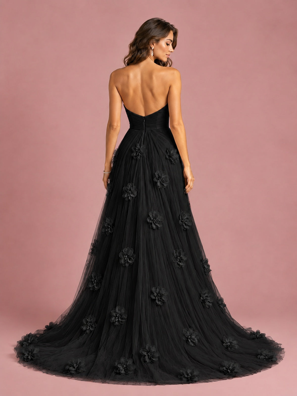 3D Floral Applique Strapless Tulle Prom Dress with High Slit