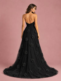 3D Floral Applique Strapless Tulle Prom Dress with High Slit
