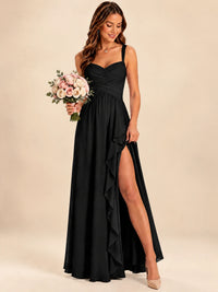 Spaghetti Straps Pleated Chiffon Bridesmaid Dress with Ruffle Slit