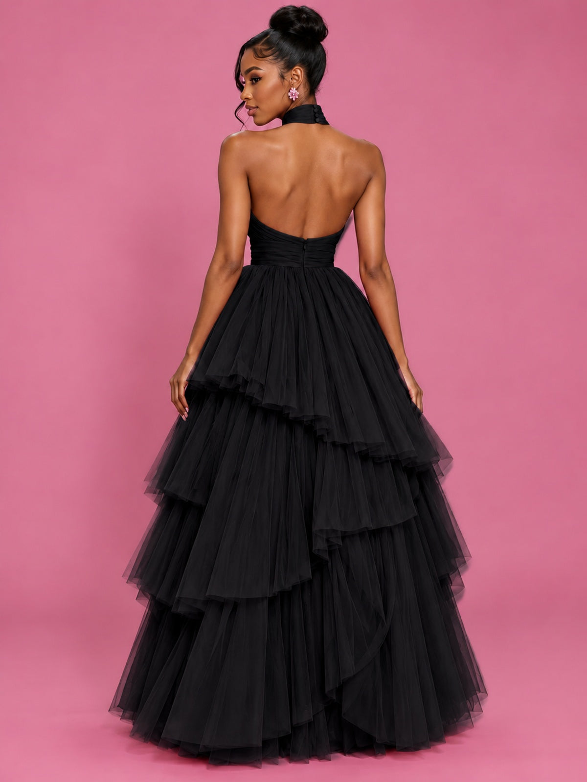 Hot Pink Tulle Halter Neck Tiered Ruffle Maxi Dress