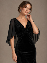 Navy Blue Velvet V Neck Mermaid Formal Dress with Flutter Cape Sleeves
