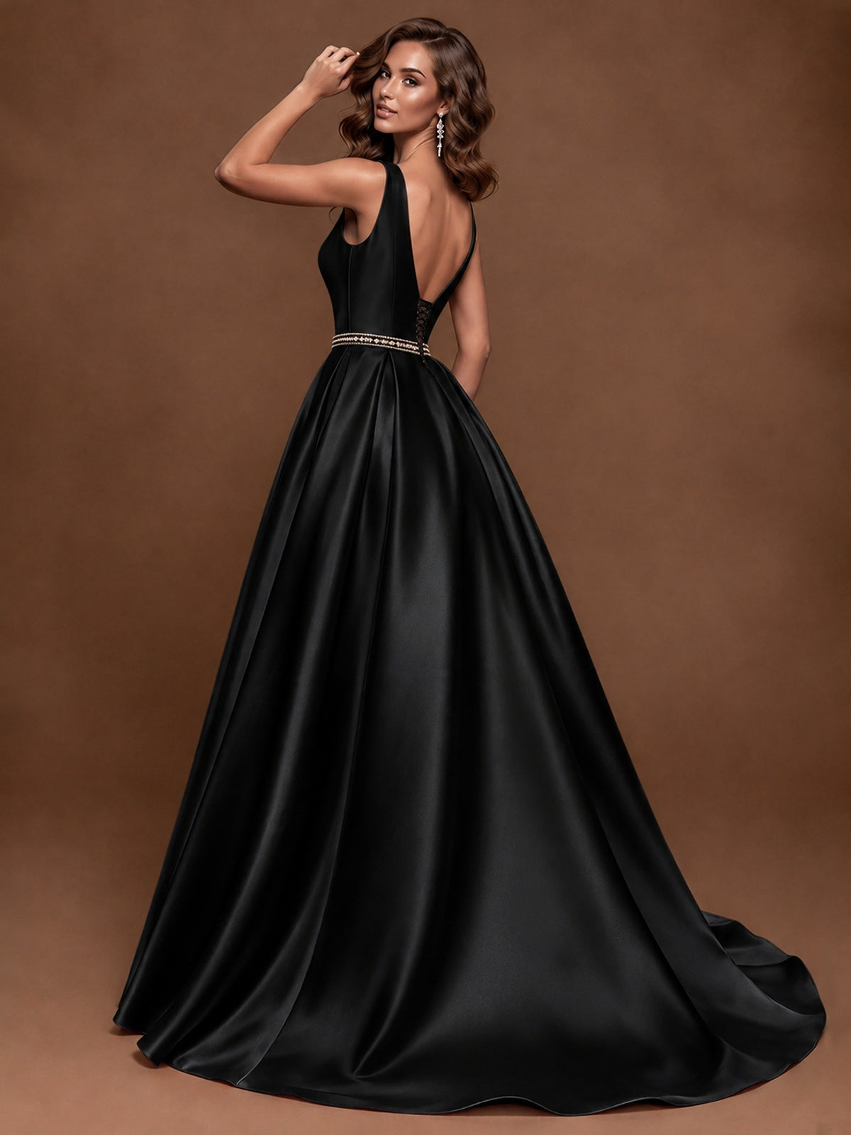 Satin A-Line Prom Dress Sleeveless Beaded Waist Formal Gown with Pockets