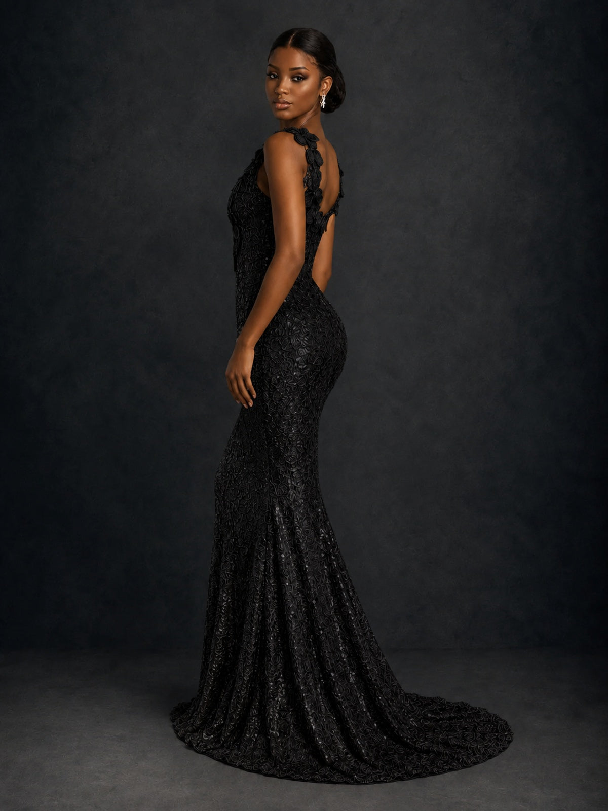 Gold Sequin Floral Applique Mermaid Prom Dress
