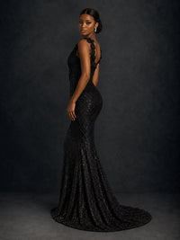 Gold Sequin Floral Applique Mermaid Prom Dress