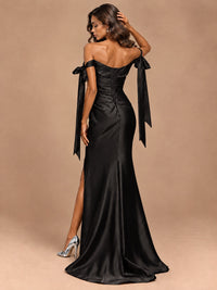 Off The Shuolder Satin Prom Dress Slit Mermaid Formal Gowns