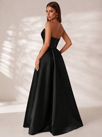 Strapless Corset Satin Prom Dress Long Evening Gown with High Slit