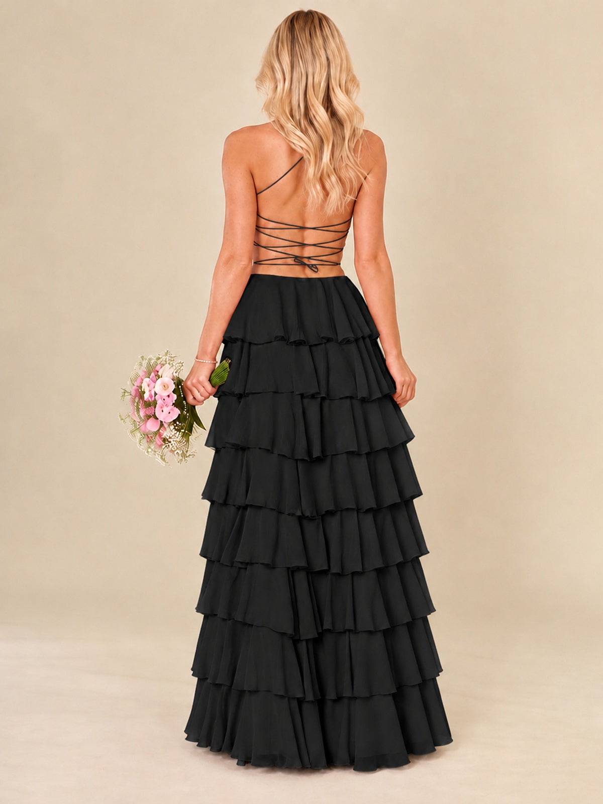 Ruffled Tiered Chiffon Prom Dress Spaghetti Straps Formal Maxi Dress with Slit