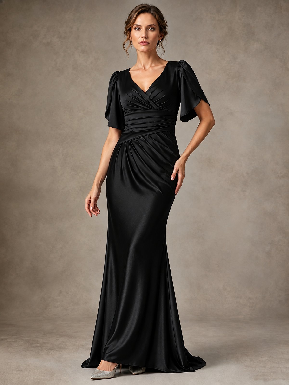 V-Neck Satin Mother of the Bride Dress with Flutter Sleeves