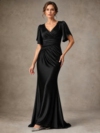 V-Neck Satin Mother of the Bride Dress with Flutter Sleeves