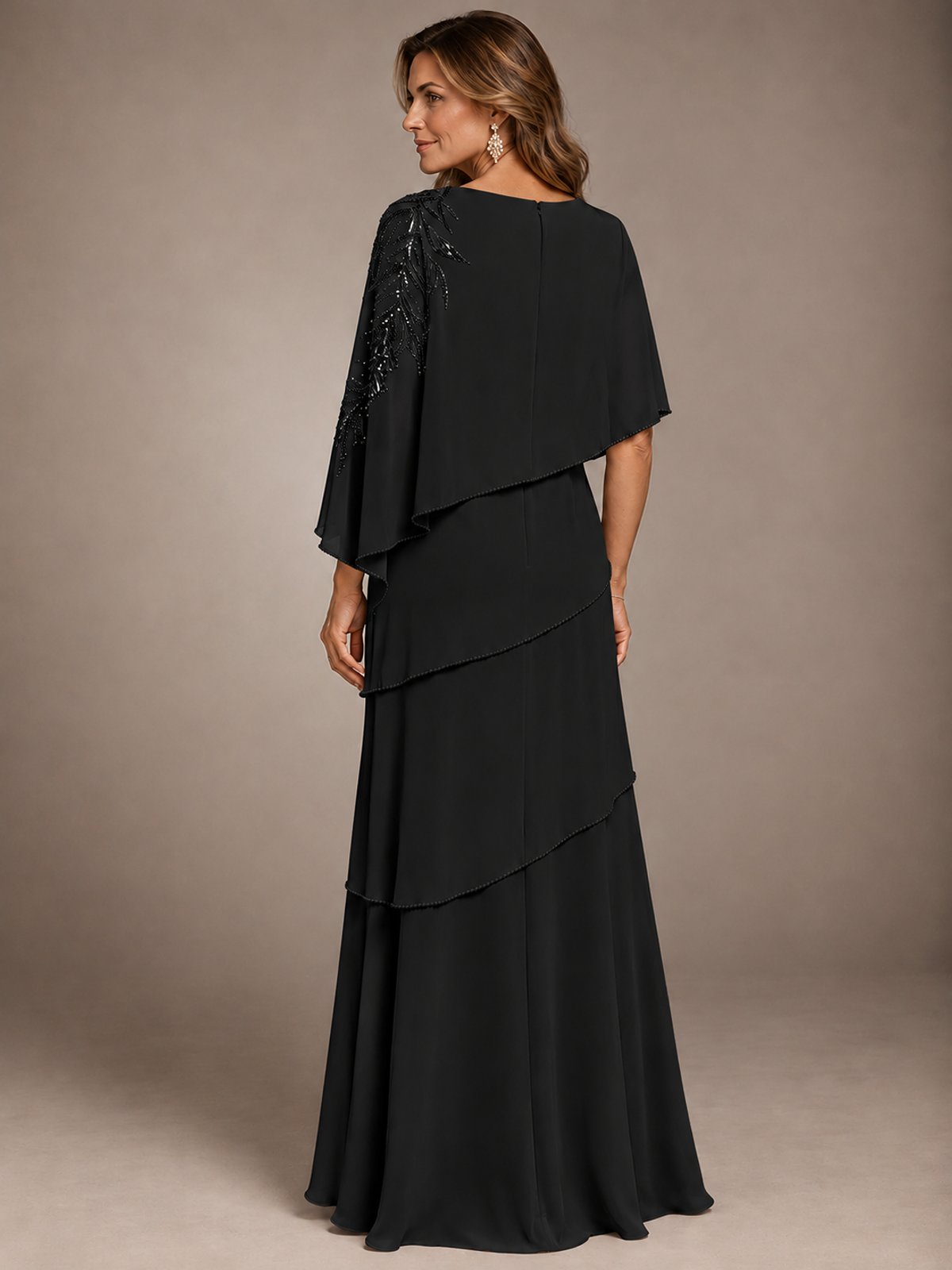 Elegant Chiffon Cape Sleeve Beaded Mother of the Bride Dress