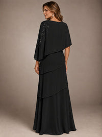 Elegant Chiffon Cape Sleeve Beaded Mother of the Bride Dress