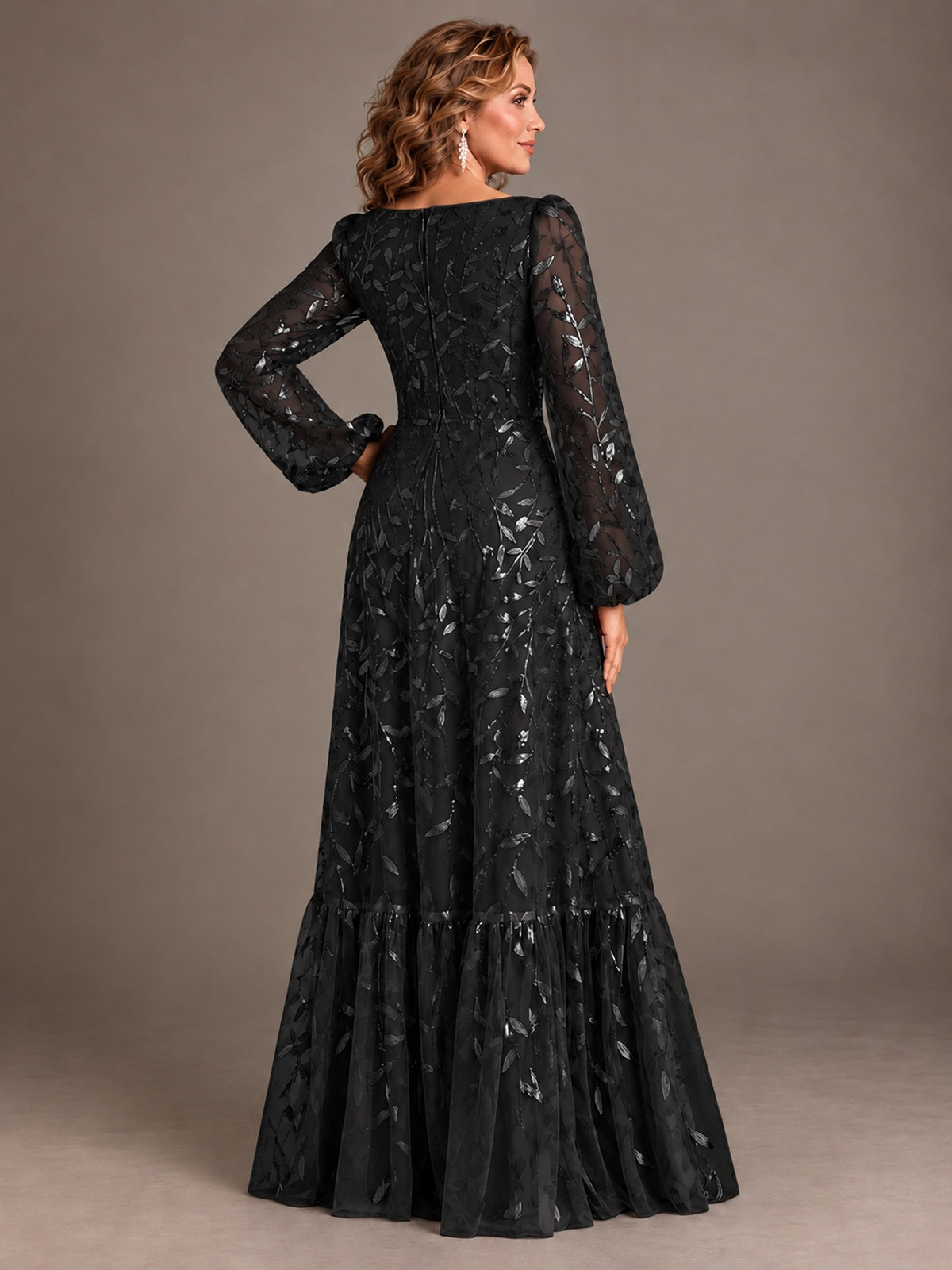 Floral Sequin Embroidered A-Line Mother of the Bride Dress with Long Sleeves