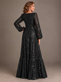 Floral Sequin Embroidered A-Line Mother of the Bride Dress with Long Sleeves