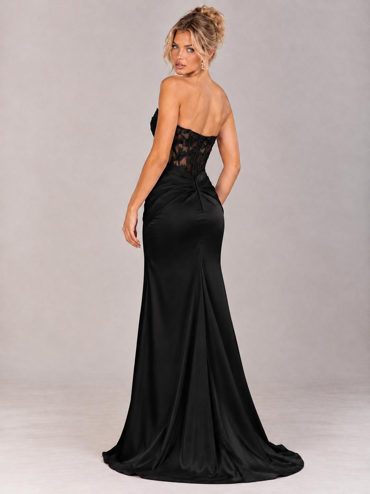 Strapless Satin Prom Dress with Sheer Lace Corset & High Slit