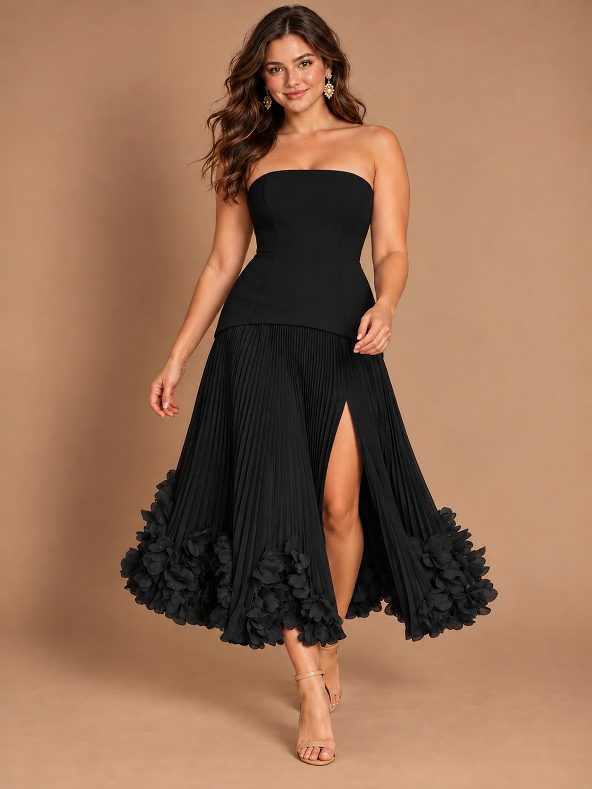 Navy Blue Strapless Pleated A-Line Midi Dress with 3D Floral Applique