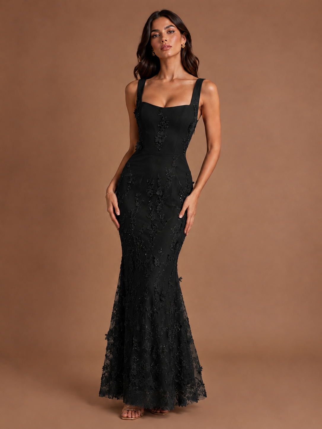 Floral Applique Mermaid Formal Dress with Lace-Up Back