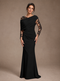 Dusty Rose Illusion Long Sleeve Chiffon Applique Mother of The Bride Dress