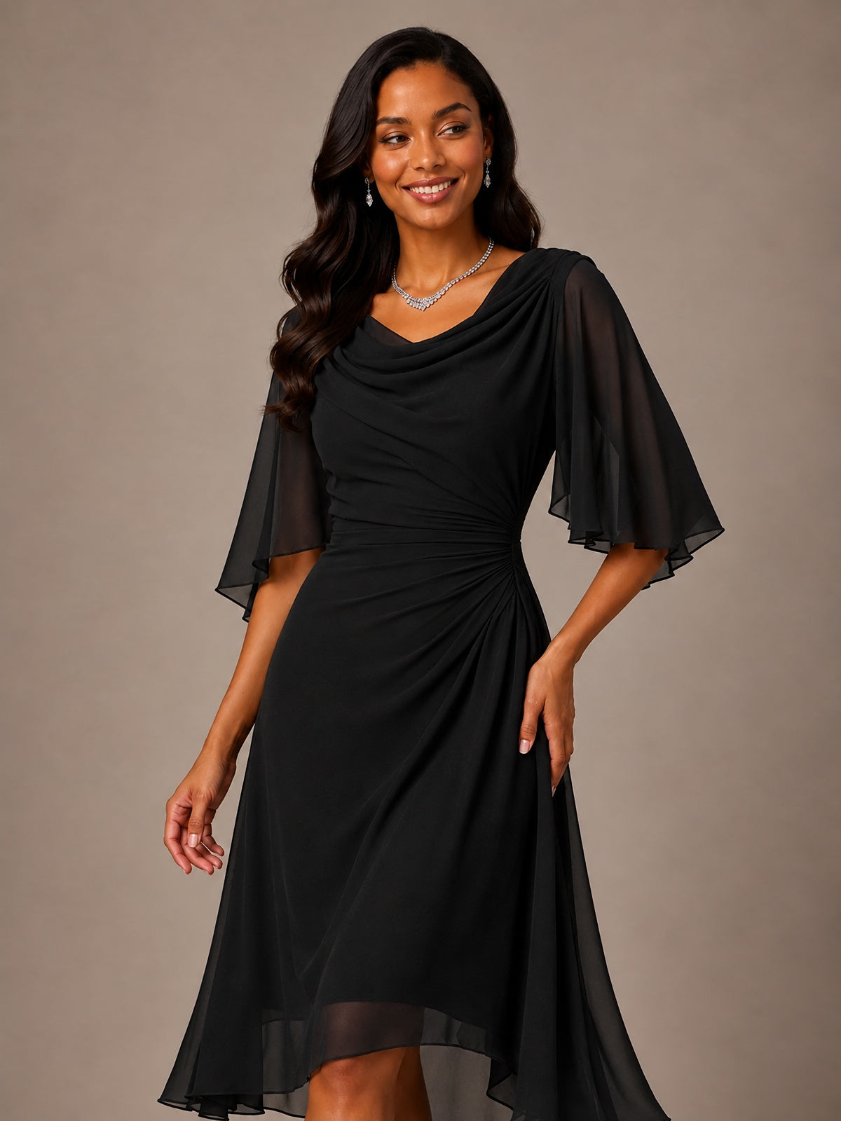 Cowl Neck Ruched Chiffon Mother of the Bride Dresses with Flutter Sleeves